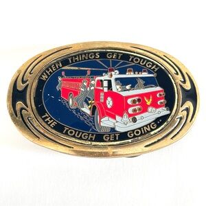 Vintage Fire Truck Belt Buckle Brass